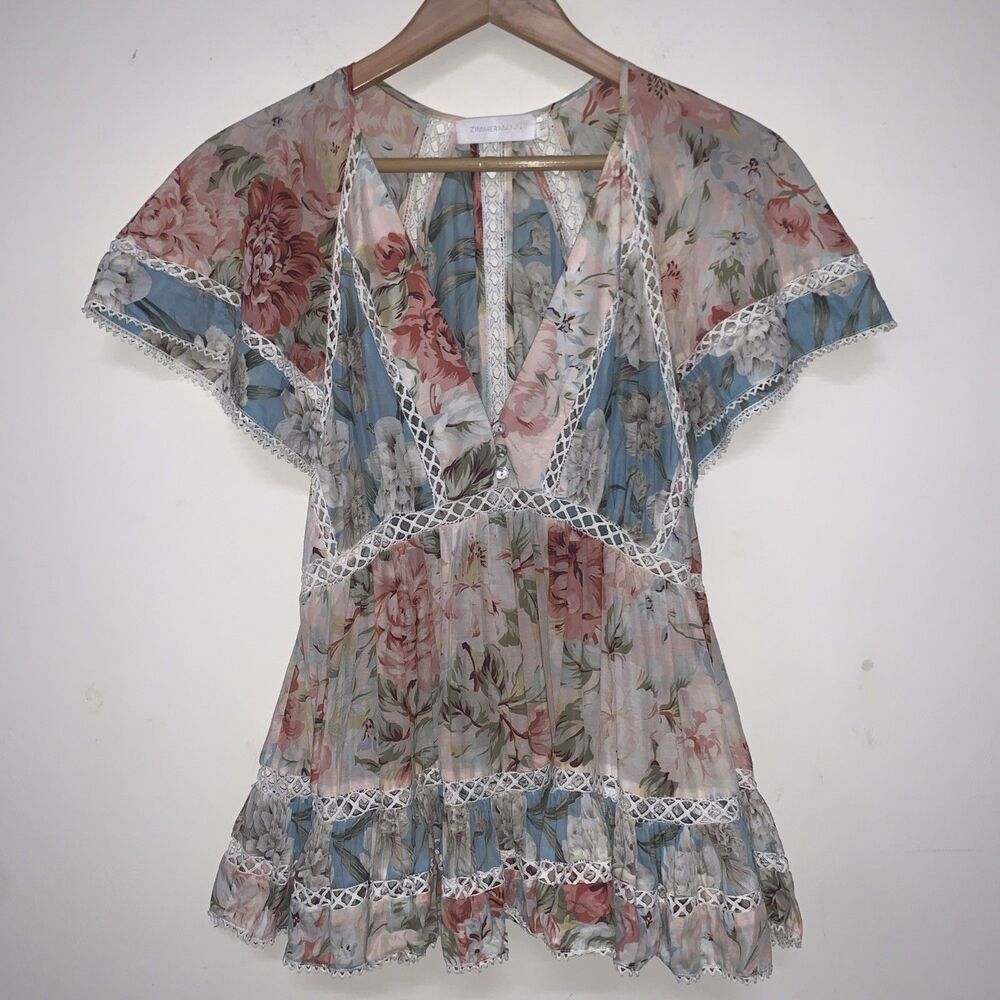 Zimmermann Womens Sz 1 Beige Floral  Silk/cotton Top Cottagecore Country Prairie